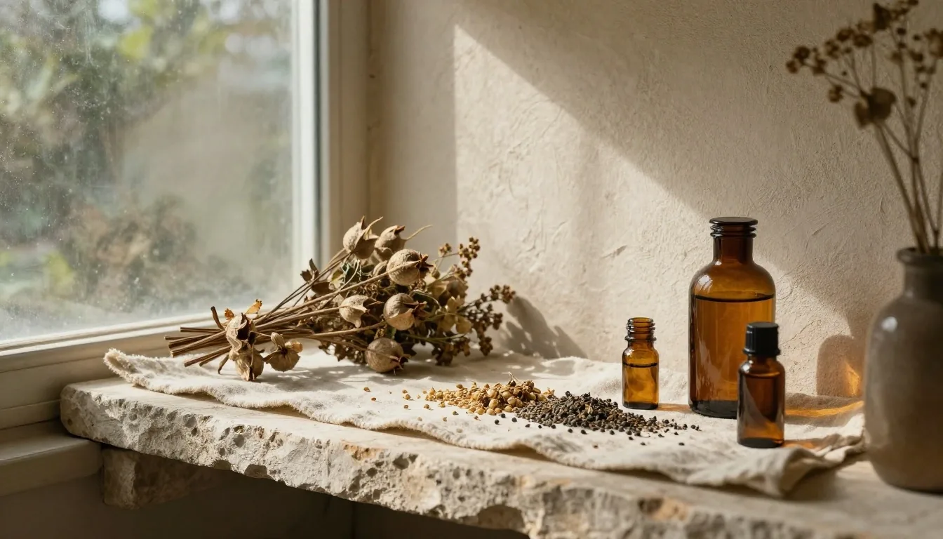 Amber glass jars with botanical ingredients on a plaster shelf