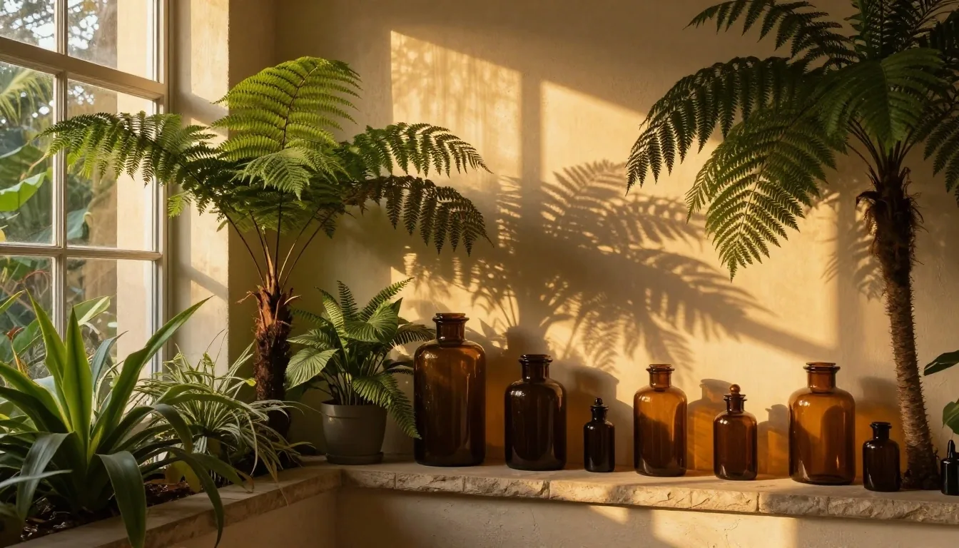 Conservatory interior with amber jars on a plaster shelf under golden hour light