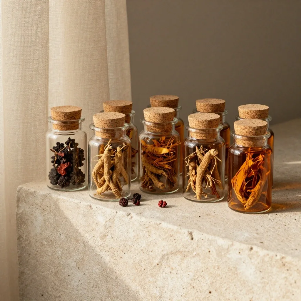 Amber glass jars with dried botanical ingredients on a warm plaster shelf under soft golden-hour light