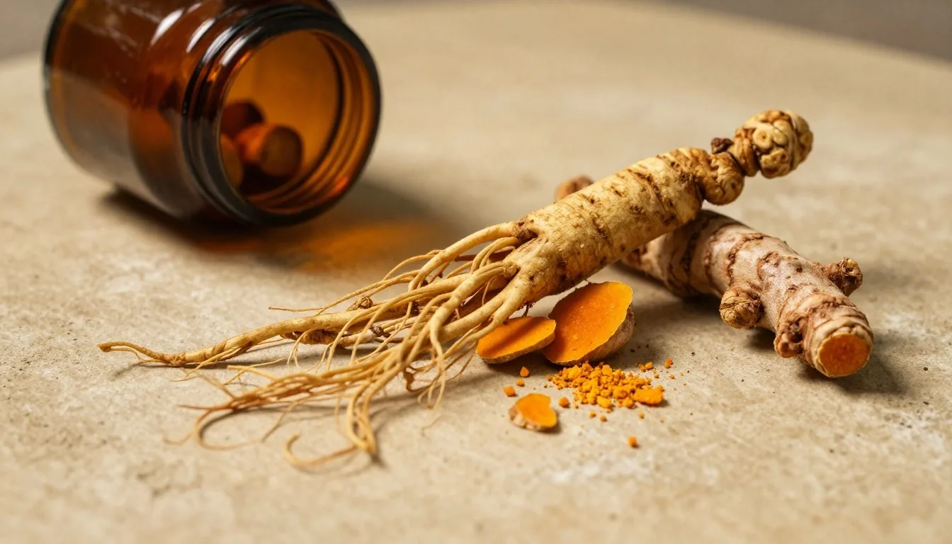 Dried botanical ingredients and an amber glass jar on a plaster surface
