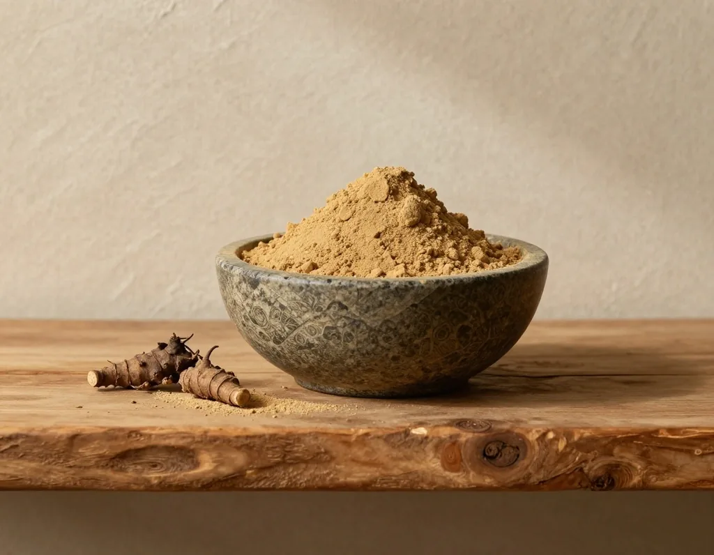 Maca root powder in a stone bowl