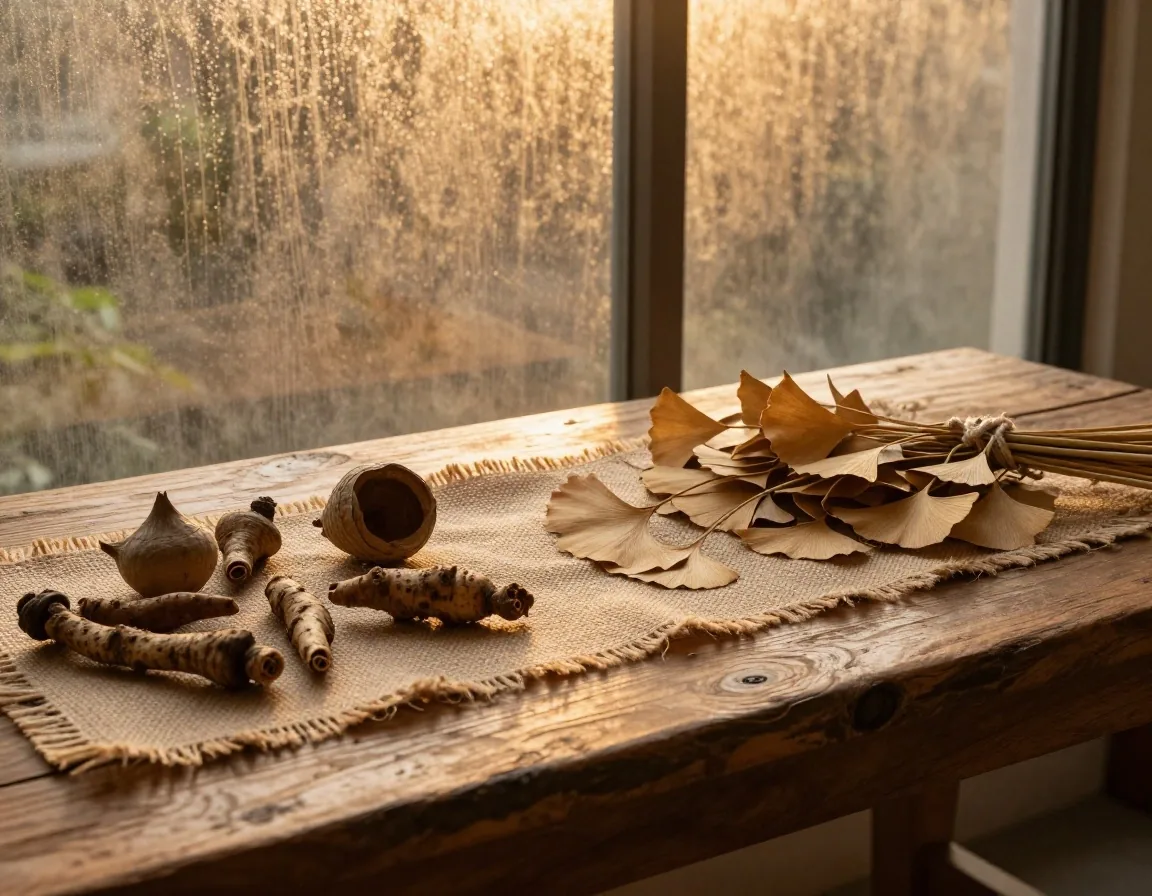 Dried saw palmetto, ginkgo leaves, and maca root on plaster