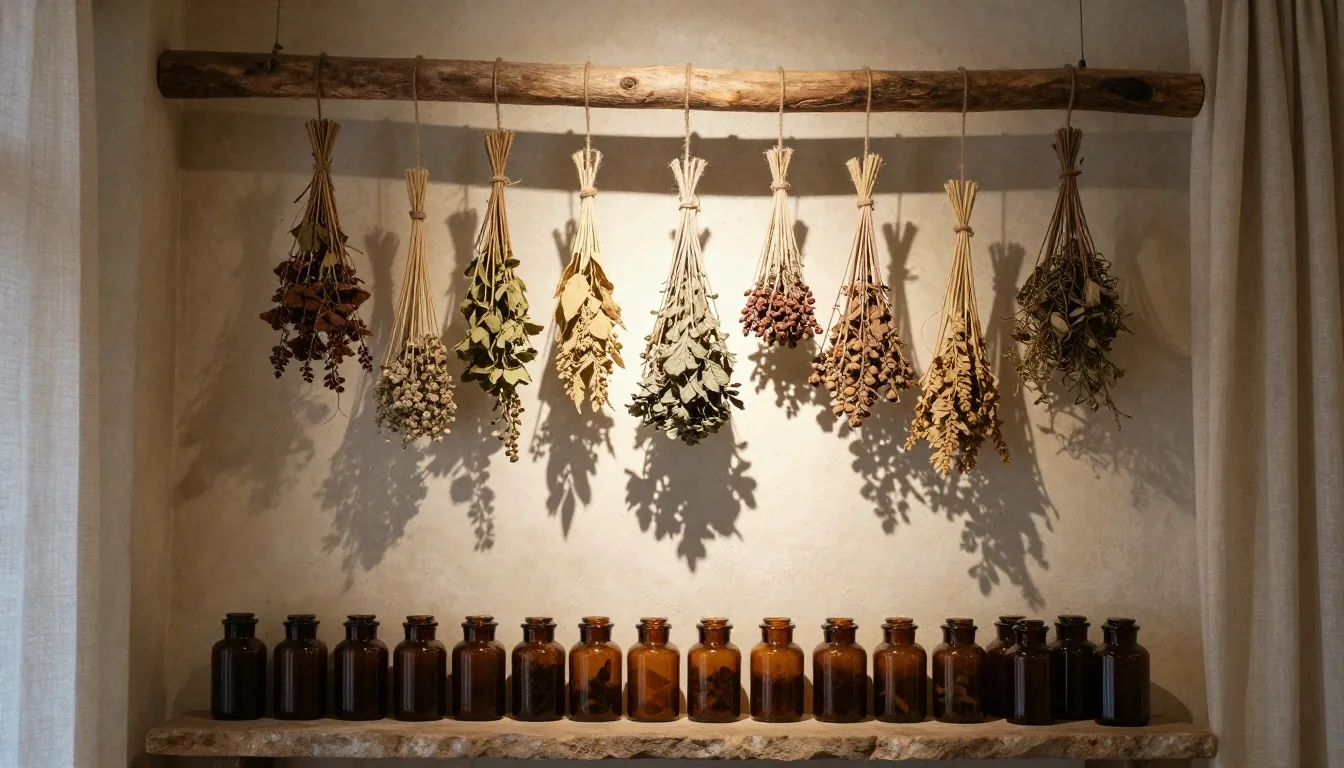 Botanical conservatory interior with amber glass jars on plaster shelves at golden hour